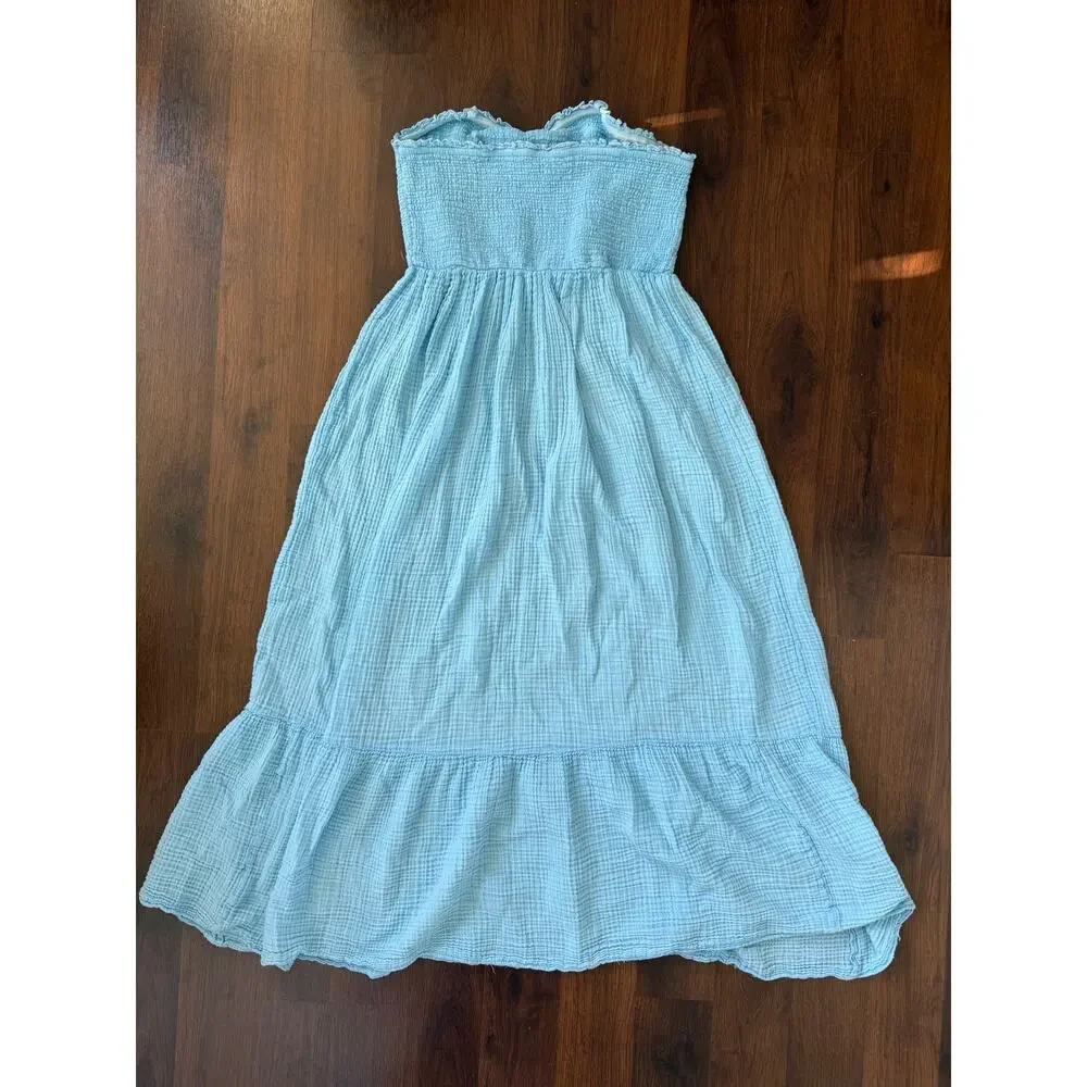 Anthropologie Strapless Tiered Gauze Cotton Maxi Dress Blue Sz M